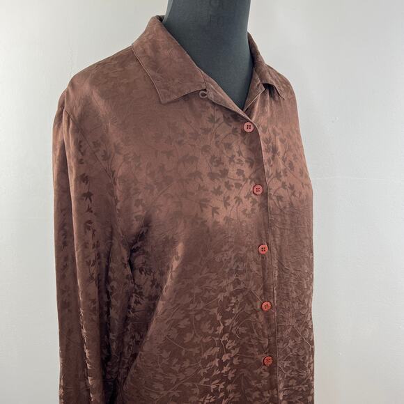 Vintage EILEEN FISHER Brown Silk Textured Floral Button-Down Long Sleeve Top S - Picture 3 of 6